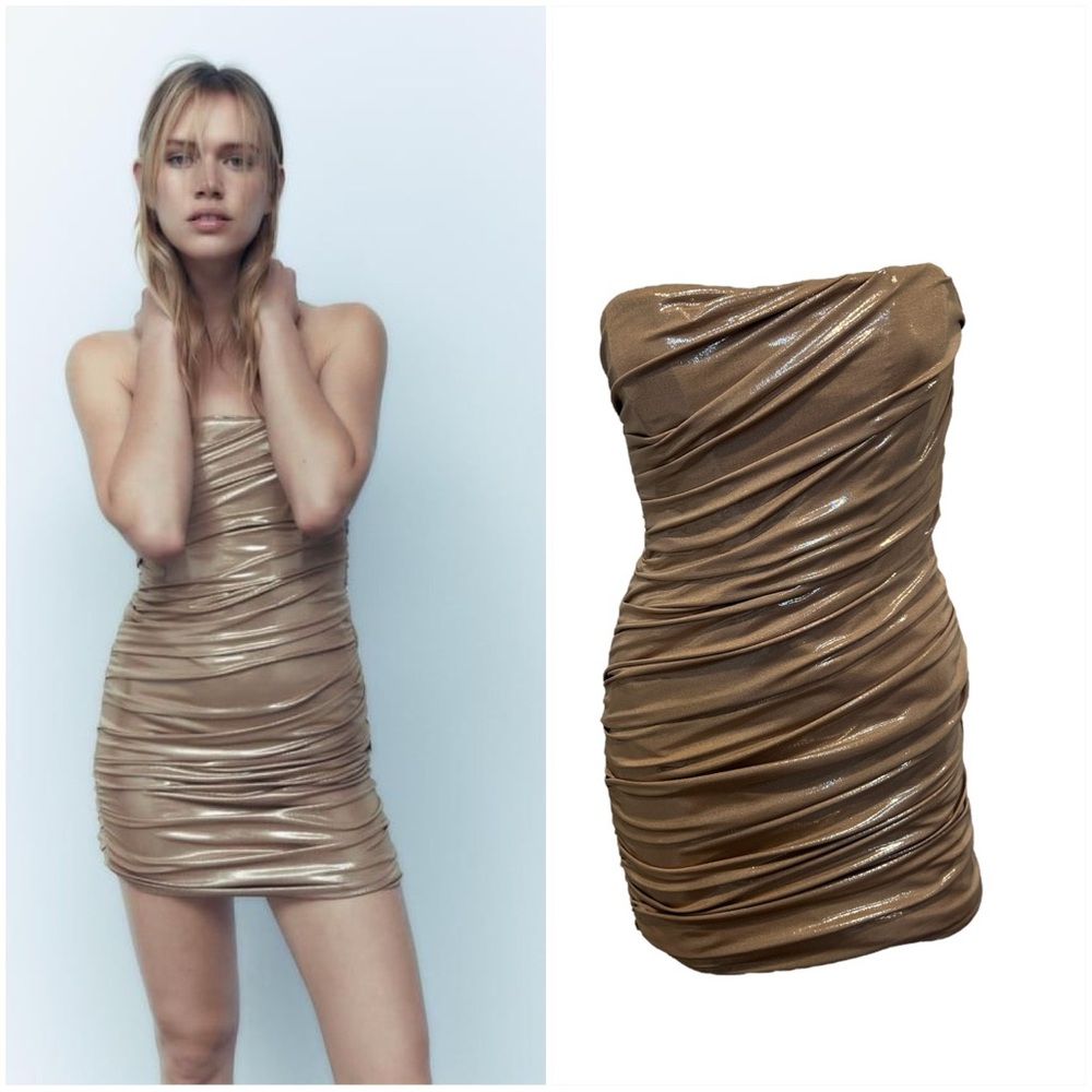 Zara gold draped metallic beige mini dress sz M